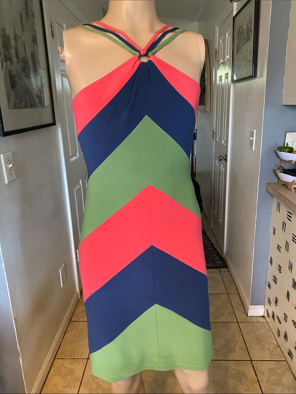 Joseph Ribkoff vintage Coral, Navy & Olive Chevron Halter Mini Dress